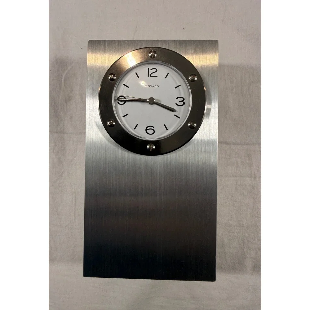 Movado Desk Clock Silver NEW Brushed Metal Industrial